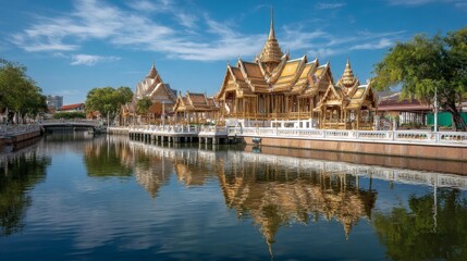 Naklejka premium Golden Thai Pavilion Reflected in Calm Water under Blue Sky