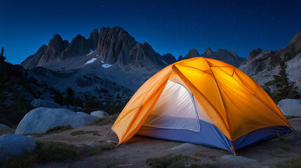 Vivid orange tent glowing in mountain night wilderness