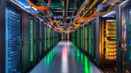 High Tech Server Room Corridor With Glowing Colorful Lights