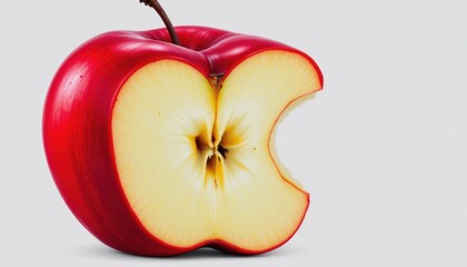 A red apple with a bite taken out of it, revealing its core and seeds