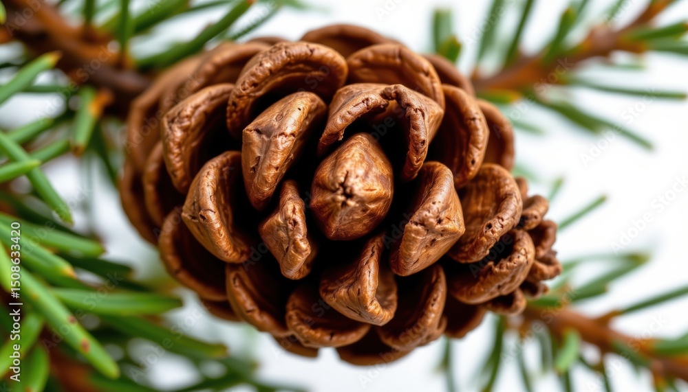 Poster a detailed close-up of a brown pinecone on a green coniferous branch, displaying intricate textures 