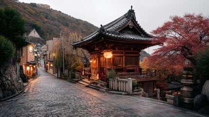 Obraz premium Serene Japanese Temple Scene Amidst Autumn Colors and Stone Path