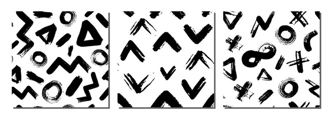Geometric, watercolor, abstract, set, patterns memphis style background. Seamless, abstract vector black, elements, on white background. Grunge, straight, brush, paint, stroke, triangles, circles