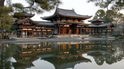 Fototapeta premium Serene Japanese Temple Reflected in Calm Water at Sunrise