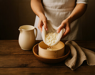 Close-up of hands preparing homemade cheese by straining curds through cheesecloth over a wooden bowl. Rustic setup with a ceramic jug and linen towel on a wooden table. Traditional dairy preparation,