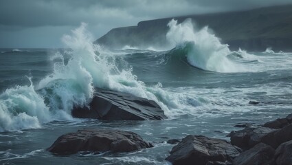 Crashing Waves On Rock with Empty Copy Space For Text