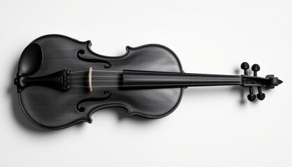 A black violin isolated against a simple backdrop. The instrument appears elegant and ready to play