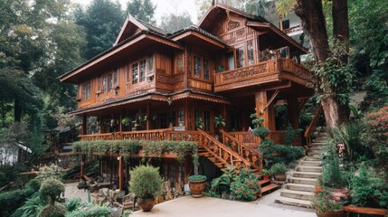 Fototapeta premium Elegant Wooden House Surrounded by Lush Greenery in a Tranquil Setting