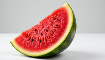 A juicy slice of watermelon. The watermelon slice displays its red flesh, black seeds, and green rind