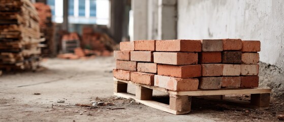 Stack of red bricks on a wooden pallet at construction site, showcasing building materials for masonry and bricklaying in an industrial setting