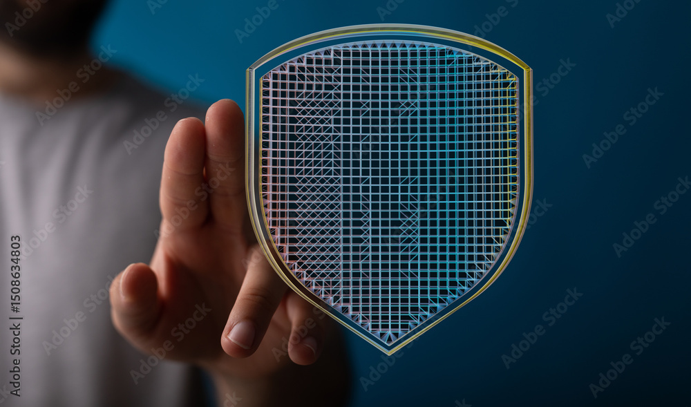 Poster hand interacting with a digital shield, symbolizing cybersecurity and data protection.