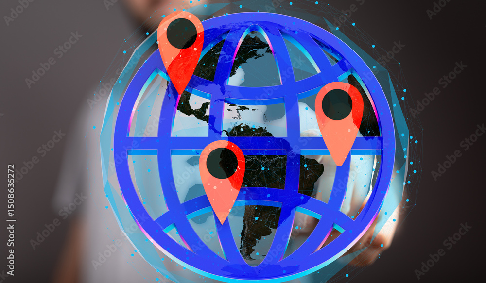 Poster stock photo of a digital globe with location markers, representing global reach and connectivity.
