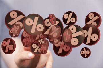 3D render of percentage symbols, signifying interest rate hikes or discounts.