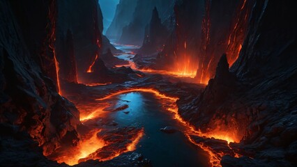 Dramatic Landscape of Molten Lava Flowing Through Jagged Volcanic Rocks. glowing with intense hues of orange and red