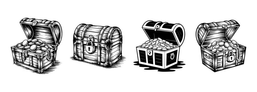 set of treasure chest wooden box with gold coins vector illustrations, pirate adventure and wealth
