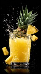 Pineapple juice splash with fresh pineapple garnish on black background
