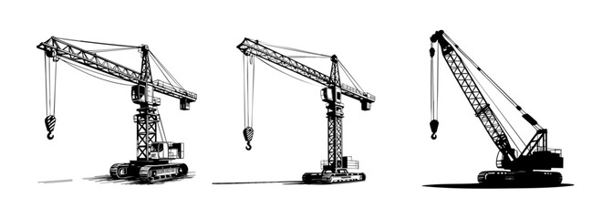 set of construction crane heavy machinery vector illustrations, building and lifting
