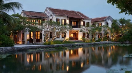 Obraz premium Serene Traditional House Reflection by Calm Water Under Twilight Sky