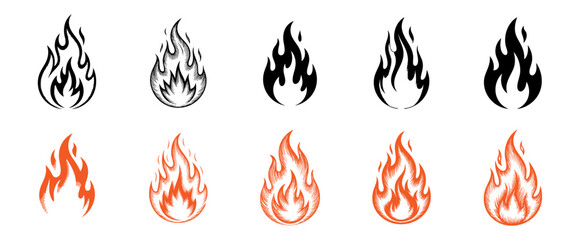 set of fire flame bonfire and blaze vector illustrations, heat and combustion
