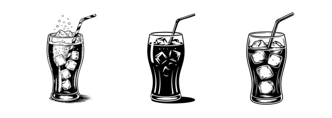 set of soda drink , cola in glass with ice and straw vector illustrations, refreshment and beverage
