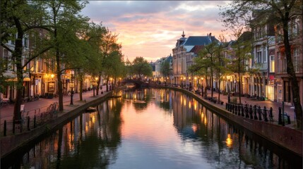 Fototapeta premium Serene Evening Scene along a Calm Canal in Historic City District