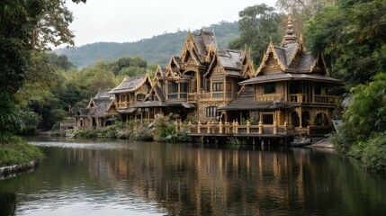 Fototapeta premium Traditional Asian Architecture Near Peaceful River Landscape