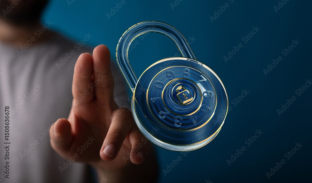 Aufkleber cybersecurity concept. hand interacts with a digital combination lock, symbolizing data protection a