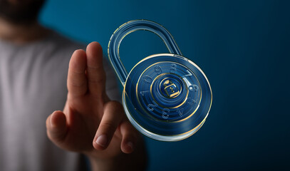 Cybersecurity concept.  Hand interacts with a digital combination lock, symbolizing data protection...
