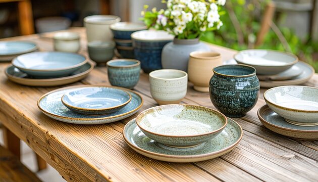 Rustic Wooden Table Set Of Ceramic Dishes And Bowls