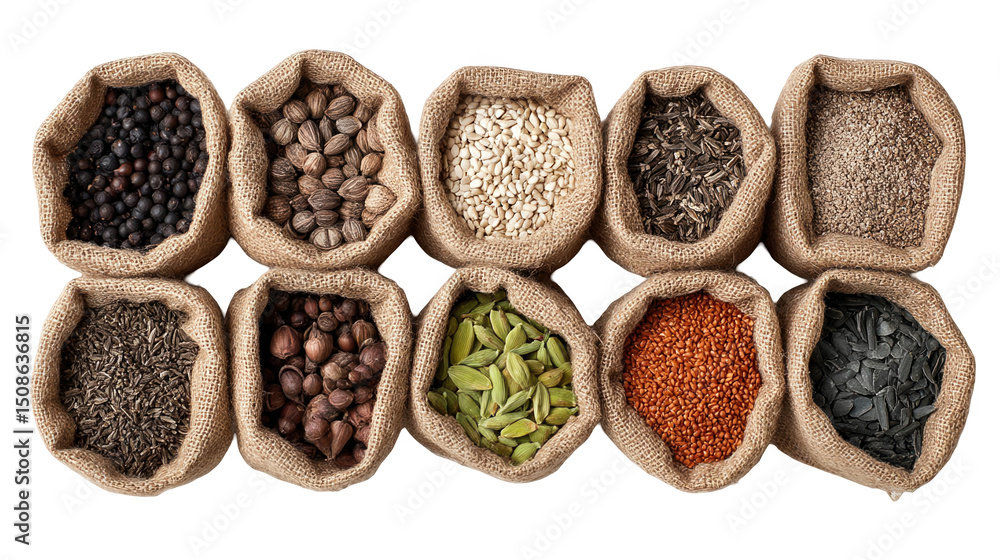 Aufkleber ten open burlap sacks filled with an assortment of colorful spices and seeds are arranged neatly, cr