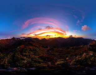 Panoramic sunset view over autumnal mountain range