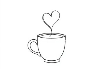 Continuous line art drawing of a hot coffee cup emitting heart-shaped steam  Simple black linear design on white, beverage, minimalist