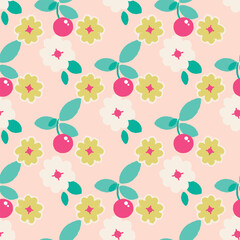 Flowers and cherries abstract seamless pattern design