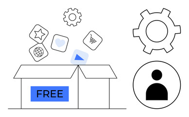 Open box with Free tag, icons representing apps, gear for settings, user profile. Ideal for technology, digital transformation, internet services, resource access, marketing productivity simple