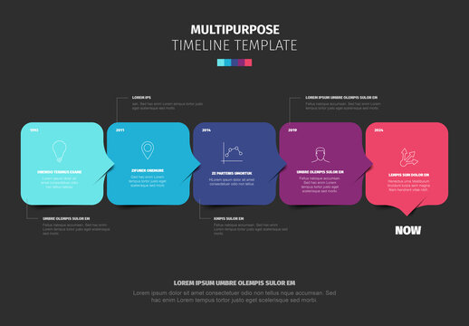 Modern Multipurpose Timeline Infographic Template showing steps and progress over time on Dark Background