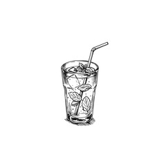 Hand-drawn mint cocktail with ice and straw
