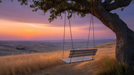 Lonely wooden swing under sunset on grassy hillside
