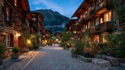 Serene Street View of Quaint Mountain Village at Dusk