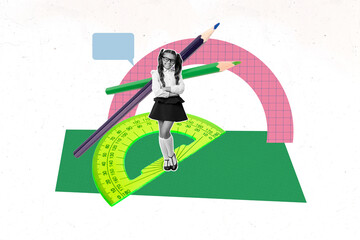 Trend artwork sketch design montage 3D collage of preteen young girl stand copyspace ruler pencil...