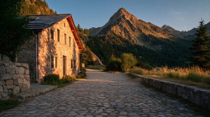 Quaint Stone House Near Majestic Mountain Landscape at Sunrise