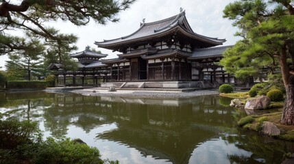 Traditional Japanese Architecture Surrounding Serene Reflective Pond