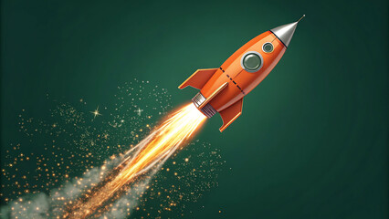 Fototapeta premium An orange retro style spaceship in flight with exhaust on a green background suitable for many concepts.