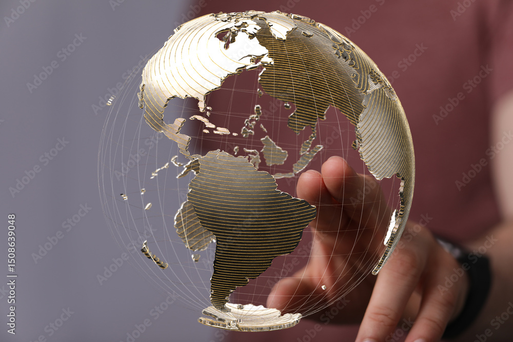 Leinwandbilder high-quality stock photo of a hand interacting with a transparent 3d model of earth, symbolizing glo