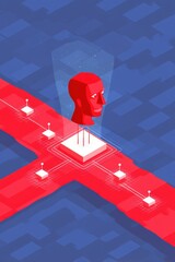 Floating head of data puppeteer over neural web, Digital Puppet Master