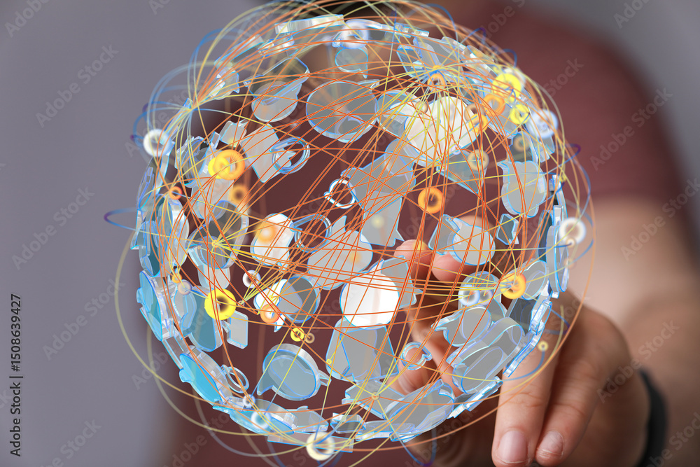 Fototapete abstract image of a digital network, global connections, and data flow visualization.
