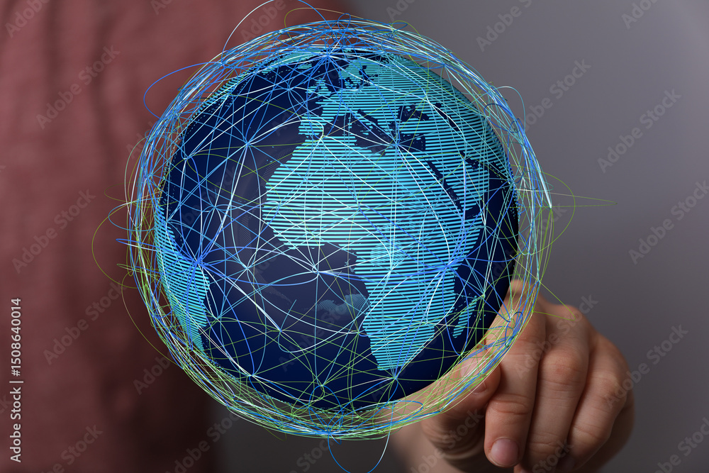 Poster abstract image of a hand holding a digital globe, representing global connectivity and networking.