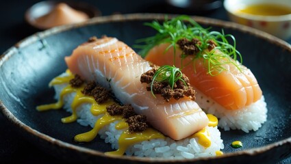 Seared Halibut Fin with mayonnaise truffle oil on sushi rice, garnished with greens, and empty space for text.