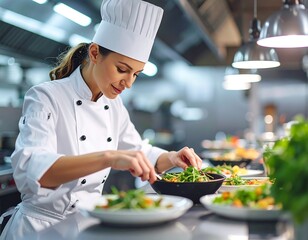 Female chef meticulously prepares a salad in a professional kitchen setting (1)
