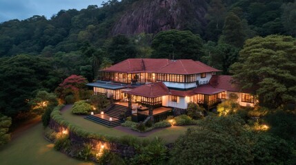 Elegant Mountain Villa Surrounded by Lush Greenery at Dusk