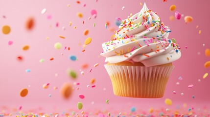 Colorful cupcake with sprinkles against pink background